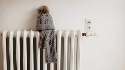 Minimalist indoor photograph of gray cable-knit winter beanie with brown pom-pom placed on white radiator cozy warmth and comfort concept