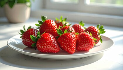 Plate of Fresh Ripe Strawberries With Green Stems and Leaves Bathed in Soft Sunlight on a White Table Surface