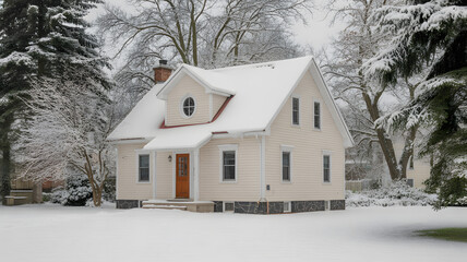 Winter photograph of two-story residential house covered in fresh white snow suburban home architecture and season concept