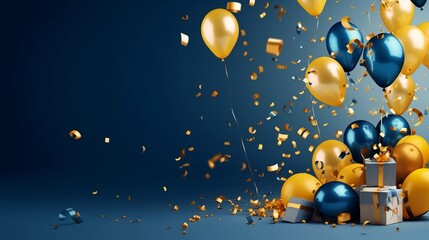 Fototapeta premium Celebration blue background with yellow-blue, gold balloons, gifts and confetti
