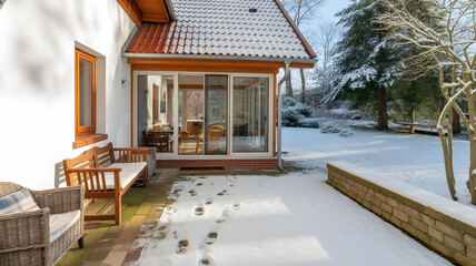 Winter scene depicting modern house exterior with covered porch area architecture and seasonal home design concept