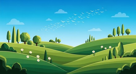 Beautiful vector illustration of a serene spring landscape with rolling green hills, lush trees, and a clear blue sky, conveying peace and natural beauty