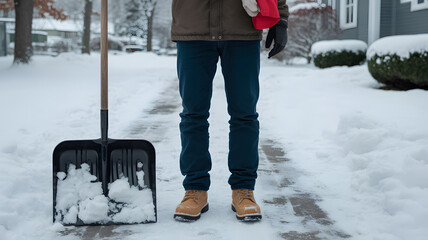 Winter scene showing legs and feet standing on snow-covered path wearing dark blue jeans and brown leather work boots outdoor cold season concept