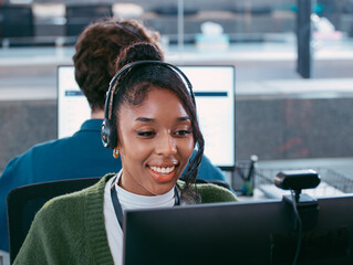 Telemarketing, Young Female Customer Service Agent talking, typing and helping client via headset using computer in call center office. Professional Female IT Support, Operator talk with client.