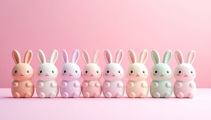 Row Of Seven Cute Kawaii Easter Bunny Figurines In Pastel Colors Lined Up On A Pink Background With Soft Lighting