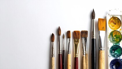 Collection of art paint brushes and watercolor palette arranged neatly on a clean white surface showcasing vibrant colors and artistic tools for creative expression in soft overhead lighting