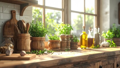 Rustic Kitchen Countertop with Fresh Herbs Olive Oil and Sunlight Streaming Through Window