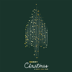 Elegant minimalist Christmas greeting card with golden geometric Christmas tree, circles, and festive typography on dark green background, perfect for holiday invitations, banners, and digital