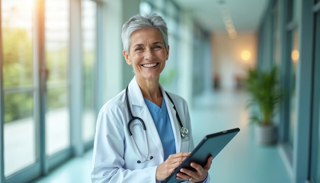 Smiling senior female doctor holds tablet, stands in hospital corridor. She wears white coat, stethoscope. Modern medicine, healthcare tech, digital health, medical professional works.