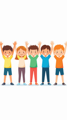 Fototapeta premium Five cartoon children stand in a row with their arms raised in the air, smiling.