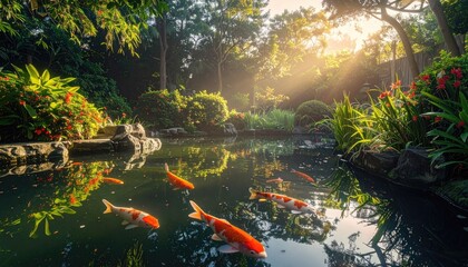 Serene Koi Pond With Sunbeams Shining Through Lush Greenery And Red Flowers Reflecting In The Water