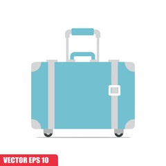 A light blue suitcase with a telescopic handle, grey accents, and small wheels, presented in a flat, vector style.