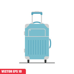 A light blue suitcase with a retractable handle and four wheels, designed for travel and luggage transport. Side handle included.