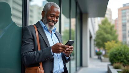 Elderly black businessman smiles using smartphone outdoors. Man in city street looks at cellphone screen, holding bag. Pro texting on mobile device.
