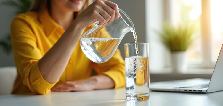 Female pours cool water from pitcher to glass at desk. Refreshment break in the office workspace with plant and laptop for designer at workplace. Hydration balance for health and wellness.