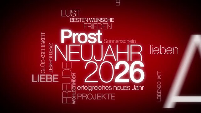 Prost Neujahr 2026 internationalen tag cloud Frohes neues Jahr w&ouml;rter text bunt	