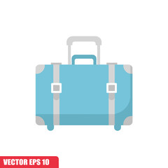 A light blue suitcase with a telescopic handle, gray accents, and white straps. It has wheels and is ready for travel.