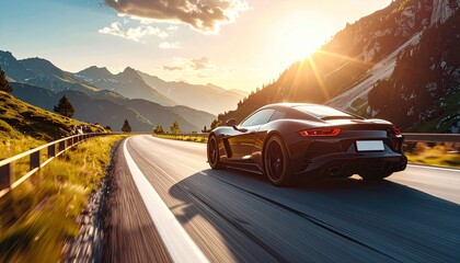Sleek Black Sports Car Drives Along a Winding Mountain Road During a Golden Hour Sunset with Lens Flare and Pixelated Landscape