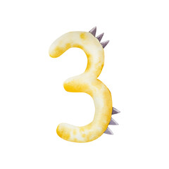 Cute dinosaur number three. Watercolor hand drawn prehistoric illustration for invitation card, nursery poster. Sketch on transparent background. Perfect for for nursery and baby shower, tropical