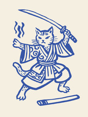Samurai cat with katana, hand-drawn sketch vector