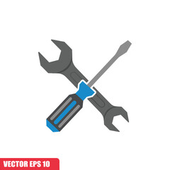 A wrench and a flathead screwdriver are crossed. The wrench is gray, and the screwdriver has a blue handle with gray accents.