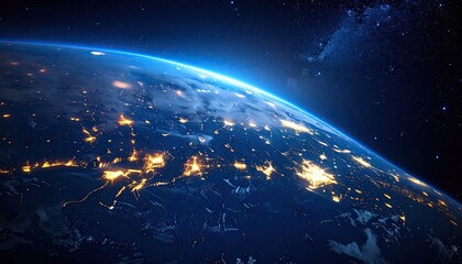 Obraz premium Stunning View of Earth From Space At Night With City Lights Glowing Under a Starry Sky And Nebula In The Distance