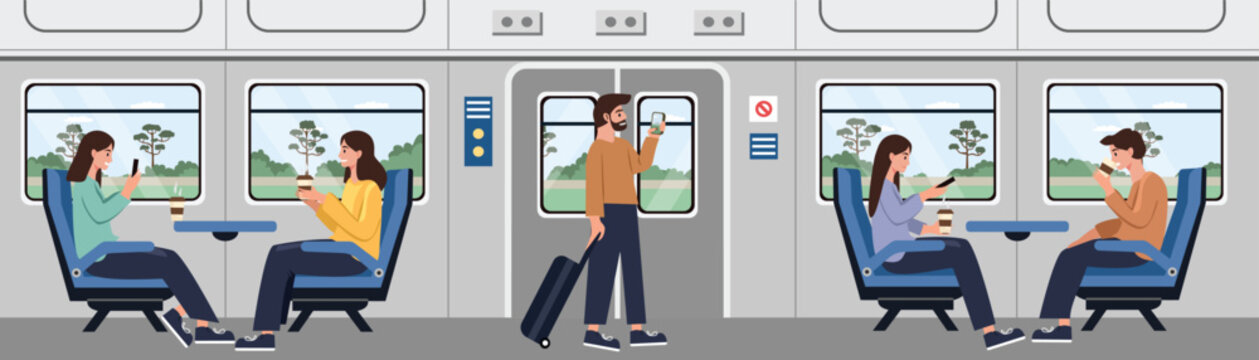 Tram passenger. People on the train. Train trip. Passengers on a modern train journey.