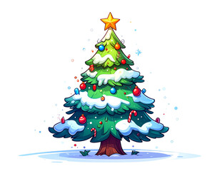 Cartoon Frosty Christmas Tree with Decorations