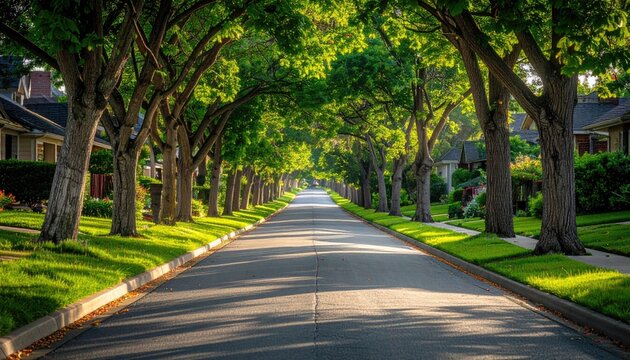 Suburban Street Lined with Lush Green Trees and Sunlight Filtering Through Branches on a Clear Day