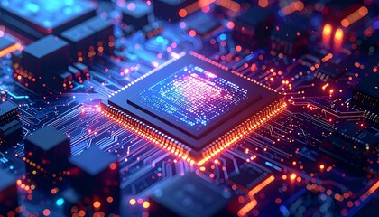 Glowing CPU, interconnected circuitry with intricate patterns and vibrant blue and orange light emanations