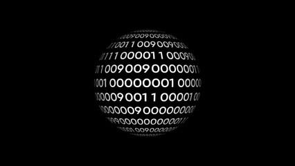 A sphere covered in white binary code against a black background digital technology