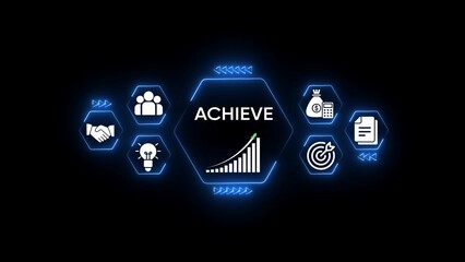 Business achievement concept with icons for teamwork finance idea target and growth chart image