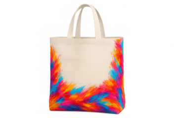 Canvas tote bag featuring a dynamic, colorful paint splash motif, perfect for retail and eco-friendly shopping. Transparent background