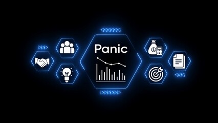 Business icons for panic decline and financial loss with graph and target on dark background finance