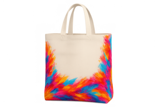 Canvas tote bag featuring a dynamic, colorful paint splash motif, perfect for retail and eco-friendly shopping. Transparent background