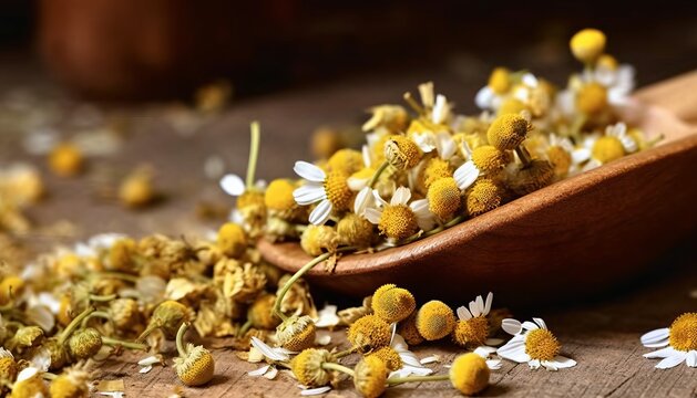 Heap of dried chamomile lying on rustic surface. healthy nutrition concept, herbalism and alternative medicine with chamomile