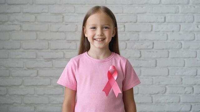 A woman in a white blouse holds a pink ribbon, symbolizing breast cancer awareness. 