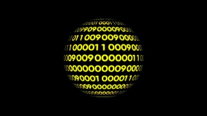 Glowing yellow binary code numbers forming a sphere on a black background globe