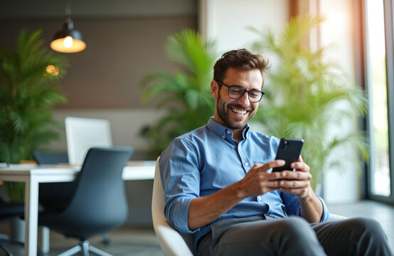 Businessman sits in office chair, uses smartphone, smiles. Man in blue shirt, glasses holds phone, works. Office interior with plants, desk, computer in background.