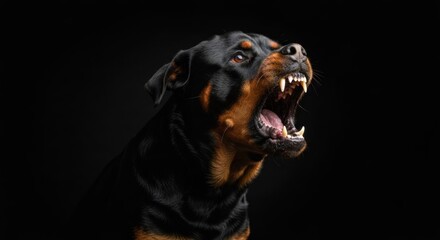 Obraz premium A close-up of a Rottweiler dog snarling with its teeth bared against a black background
