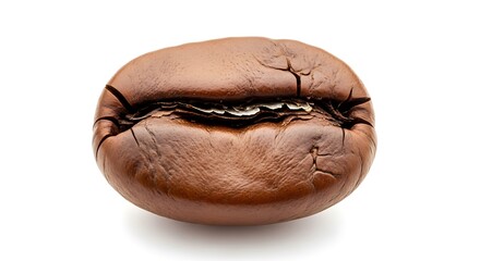 Close-up of Brown Coffee Bean with Cracks and Texture on White Background
