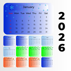 Calendar 2026. Vector template. Week starts Sunday. Yearly planner, wall or desk organizer, schedule, agenda. Simple illustration.