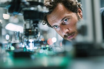 Focused male engineer adjusting advanced robotic machinery in a modern manufacturing facility with high-tech components and automation systems.
