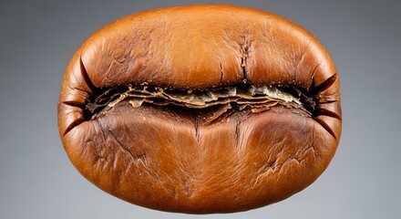 Close-up of Brown Coffee Bean with Cracks and Wrinkles on Grey Background