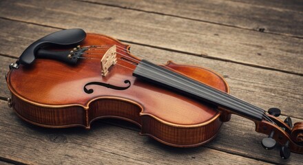 Fototapeta premium A close-up of a wooden stringed instrument resting on a weathered wooden surface