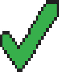Fototapeta premium Green pixelated check mark icon in 8-bit retro gaming style on white background