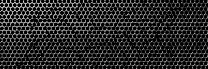 Perforated metal plate. Metal grill. Metal texture steel background. Perforated sheet metal. 3d shape titanium sheet. Circle mesh pattern background. Industrial texture. Steel speaker. Vector EPS10.