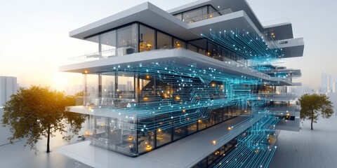 Fototapeta premium Futuristic Office Building Design Featuring Innovative Architecture and Advanced Technology Elements