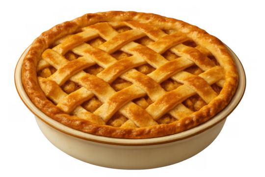 Golden baked homemade apple pie with a delicious lattice crust, sitting in a ceramic dish, food isolated on transparent background