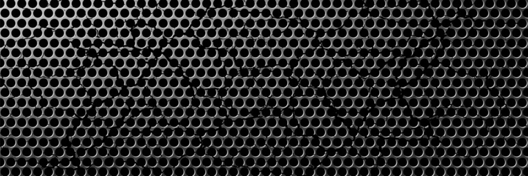Perforated metal plate. Metal grill. Metal texture steel background. Perforated sheet metal. 3d shape titanium sheet. Circle mesh pattern background. Industrial texture. Steel speaker. Vector EPS10.